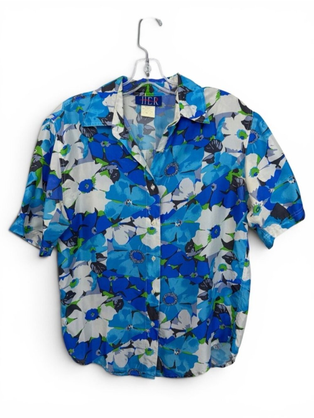 Vintage Silk Floral Short Sleeve Button Up Shirt Size Small Blue 80s 90s